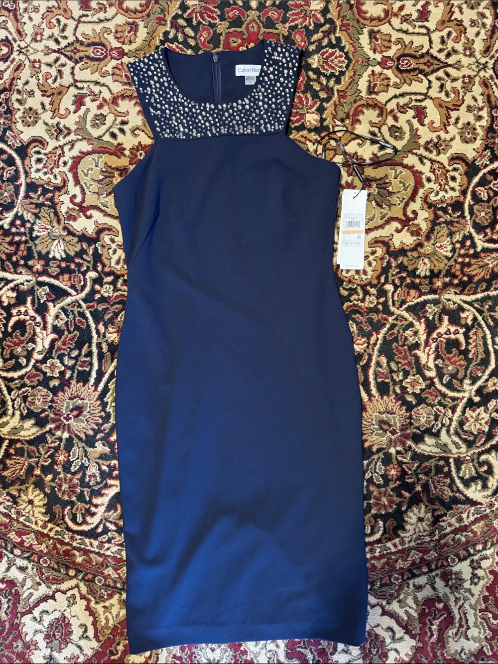 Calvin Klein Navy sleeveless Midi Dress with Beaded Yoke size 2 NWT